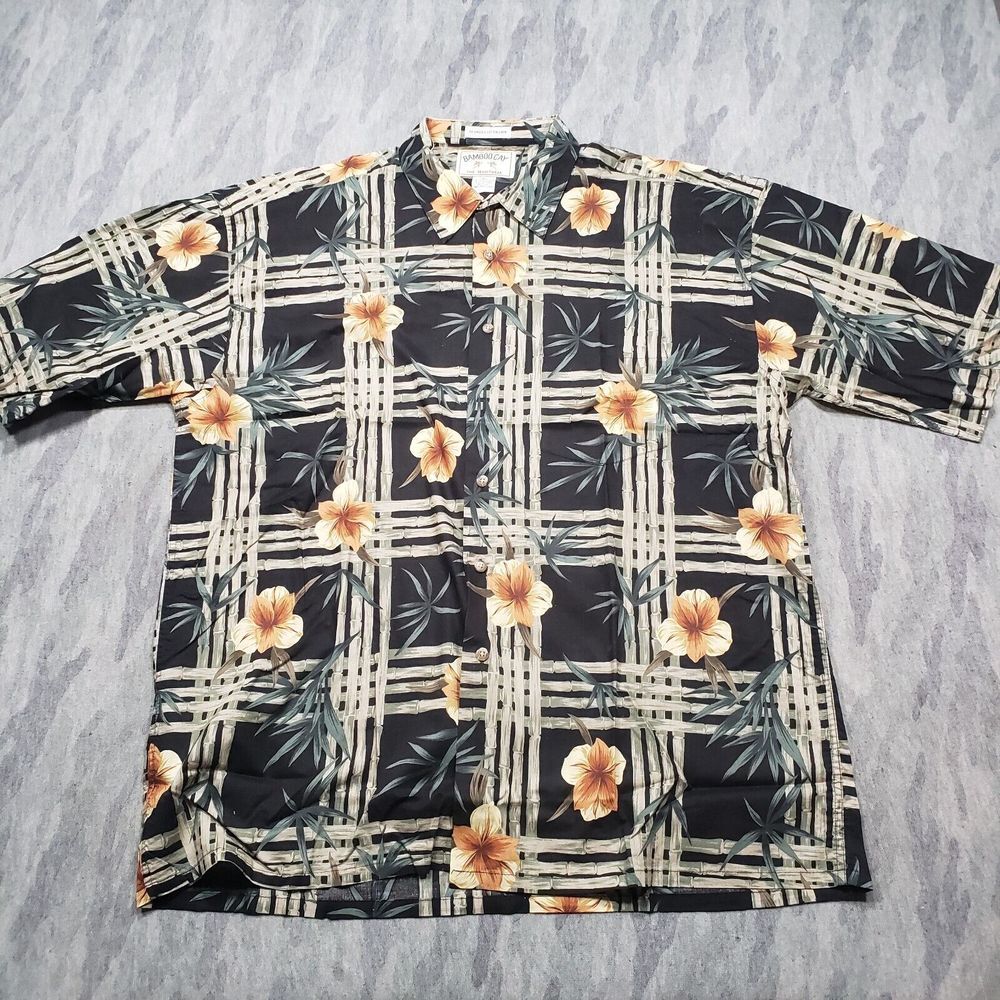 Bamboo Cay Hawaiian Shirt‎ Mens XL Black Hibiscus Bamboo Print Short Sleeve